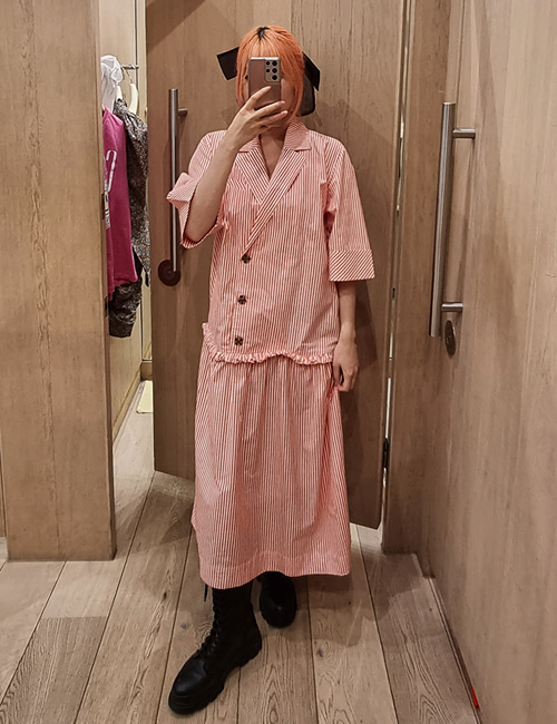 [한정수량세일] 가니 스트라이프 드롭 웨이스트 미디 드레스(오렌지)