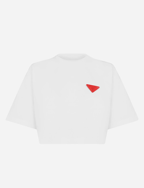 프라다 트라이앵글 로고 뱃지 크롭 티셔츠 화이트